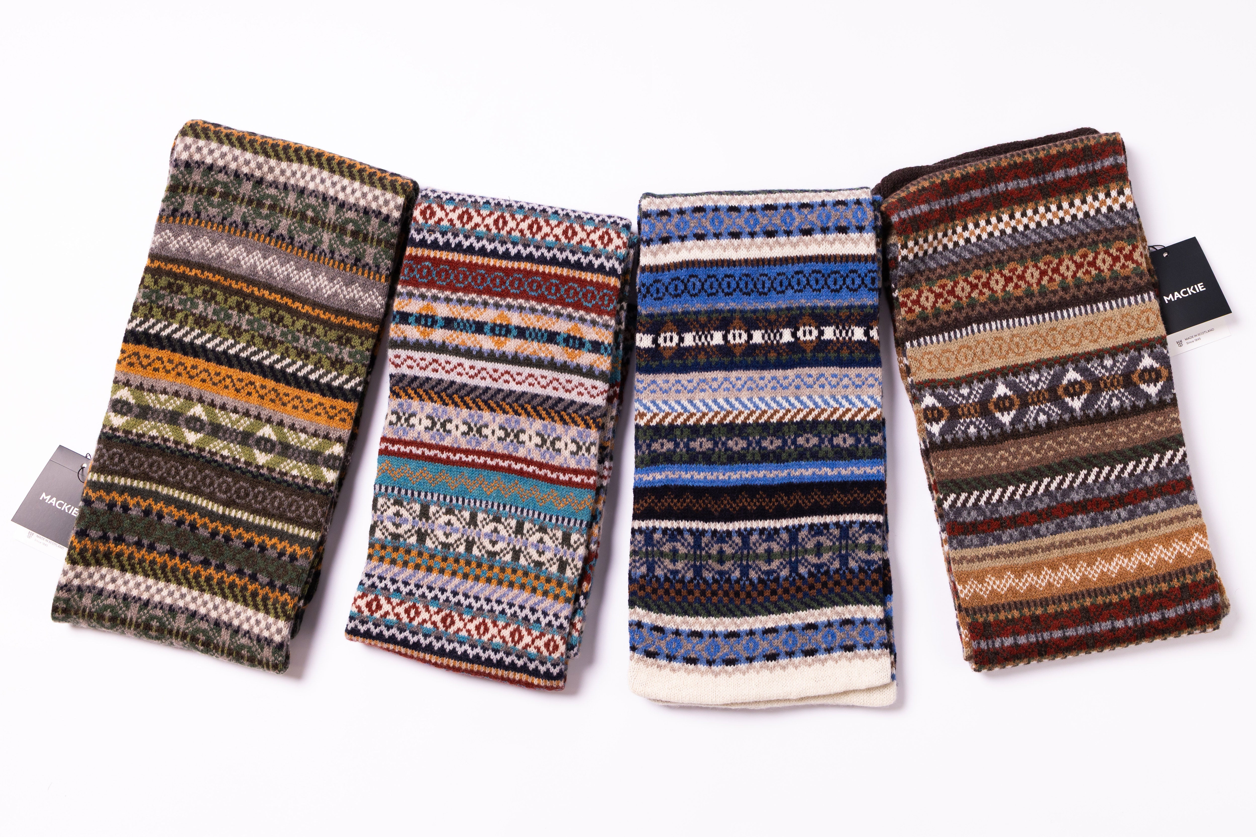 Four patterned fabric swatches on a white background