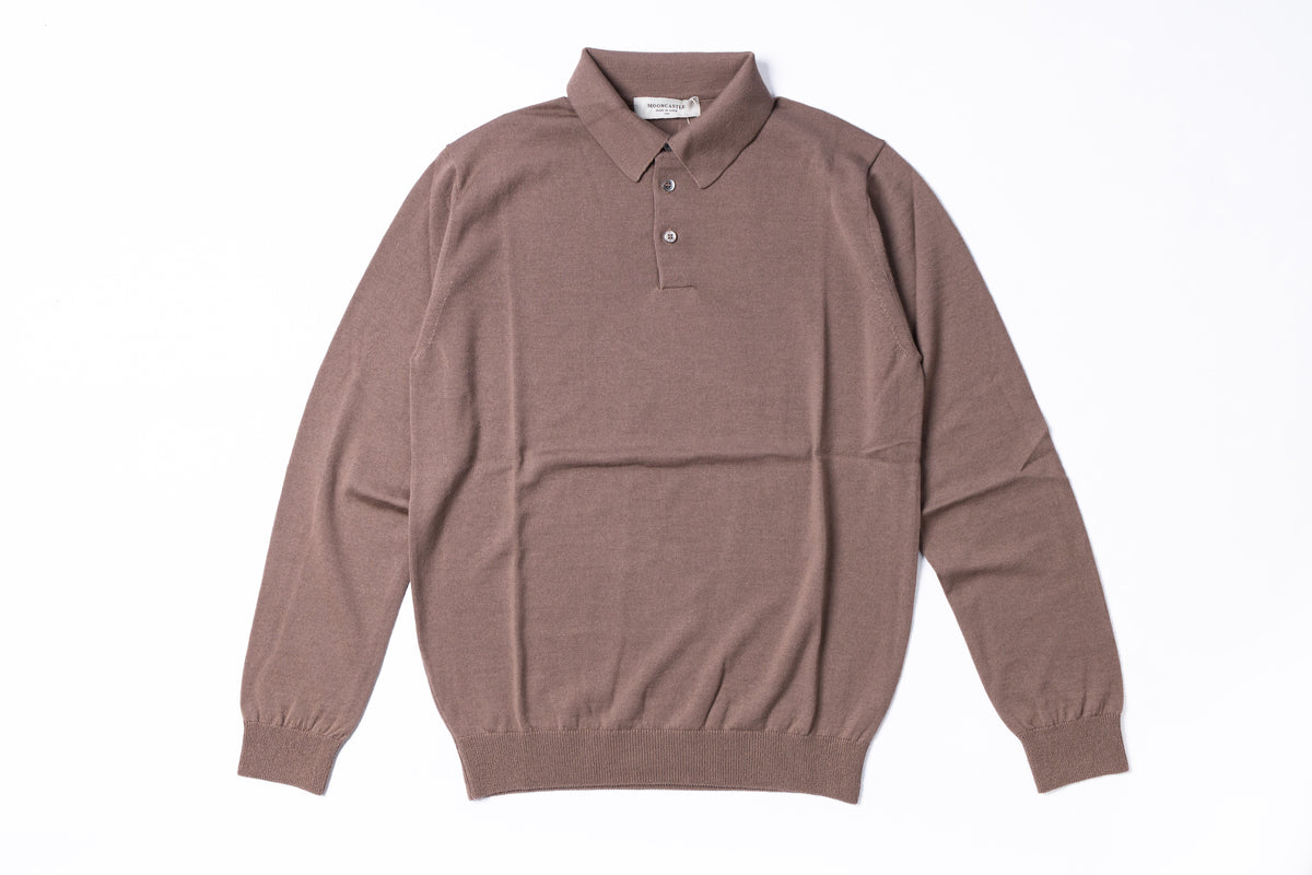 A dusty rose brown long-sleeve knit polo sweater with a three-button placket, laid flat against a solid white background.