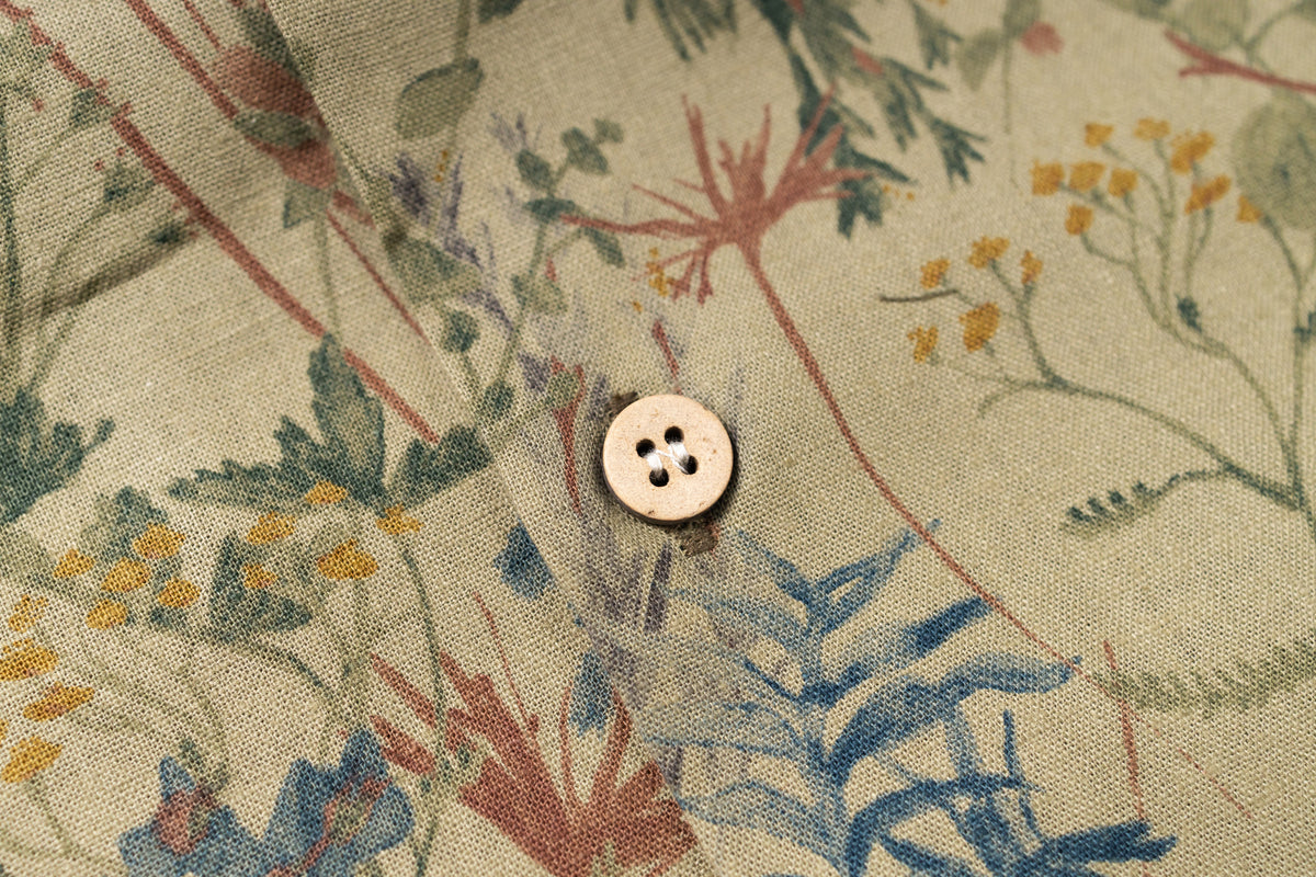 Close-up of floral-patterned fabric with a button in the center