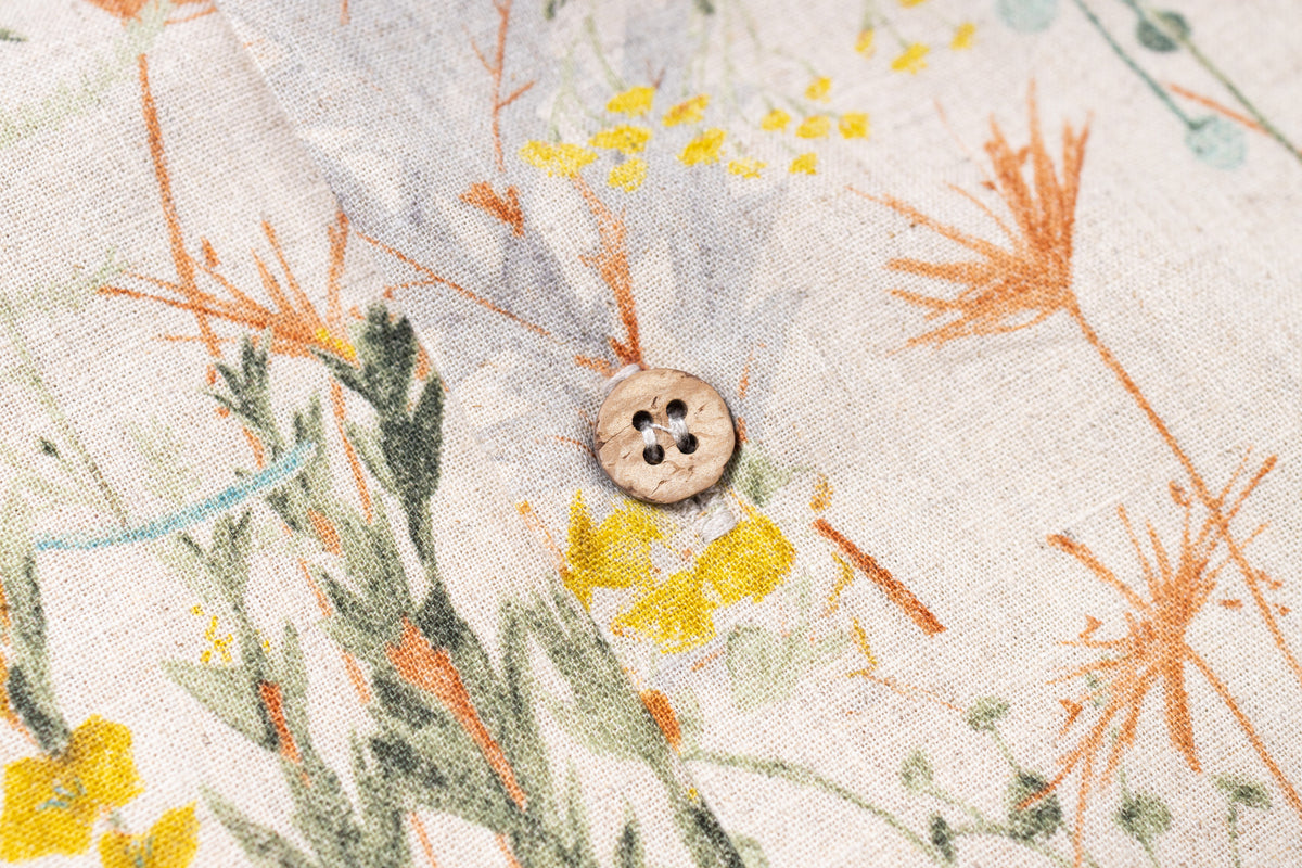 Close-up of a fabric with floral patterns and a button.