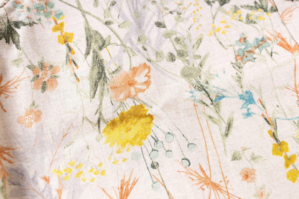 Close-up of floral fabric pattern with various colors on a white background