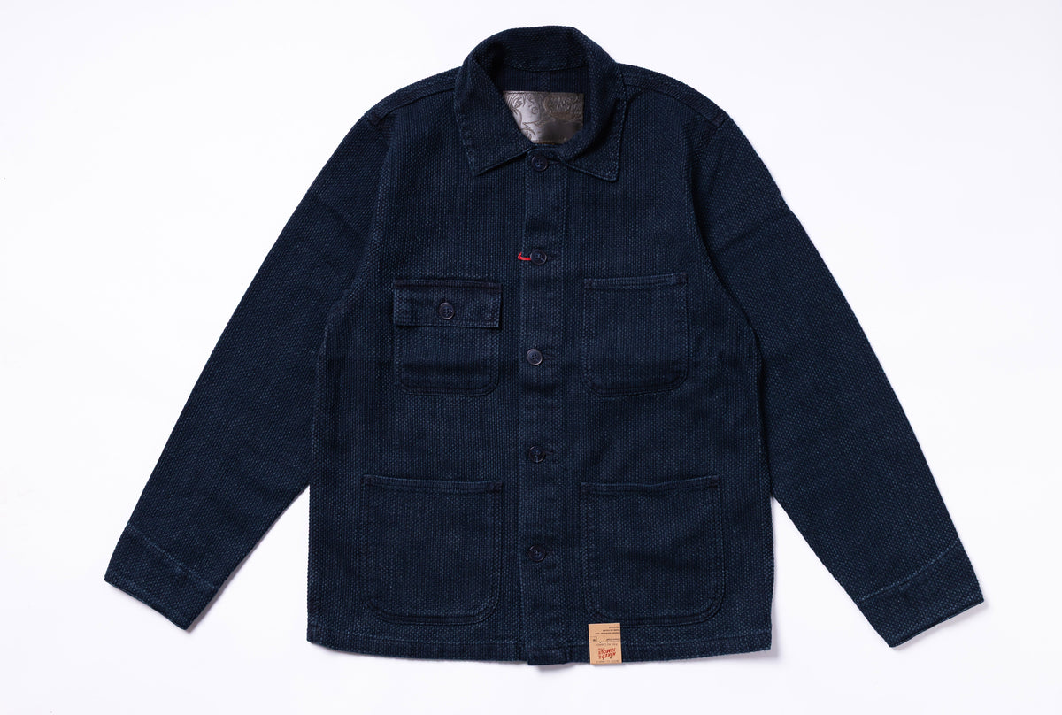 Dark blue jacket with button details on a white background