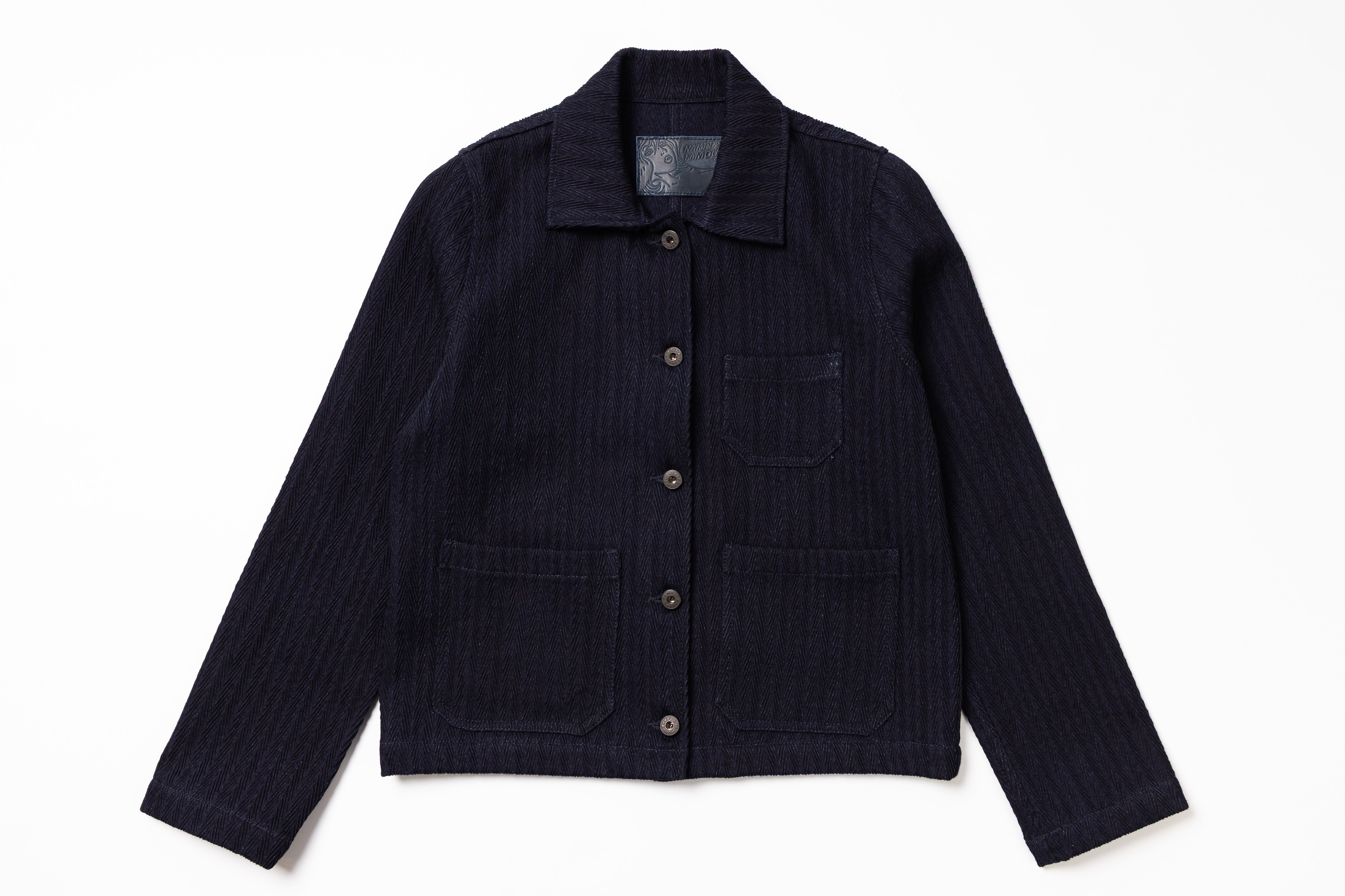 Dark blue jacket with button details on a white background