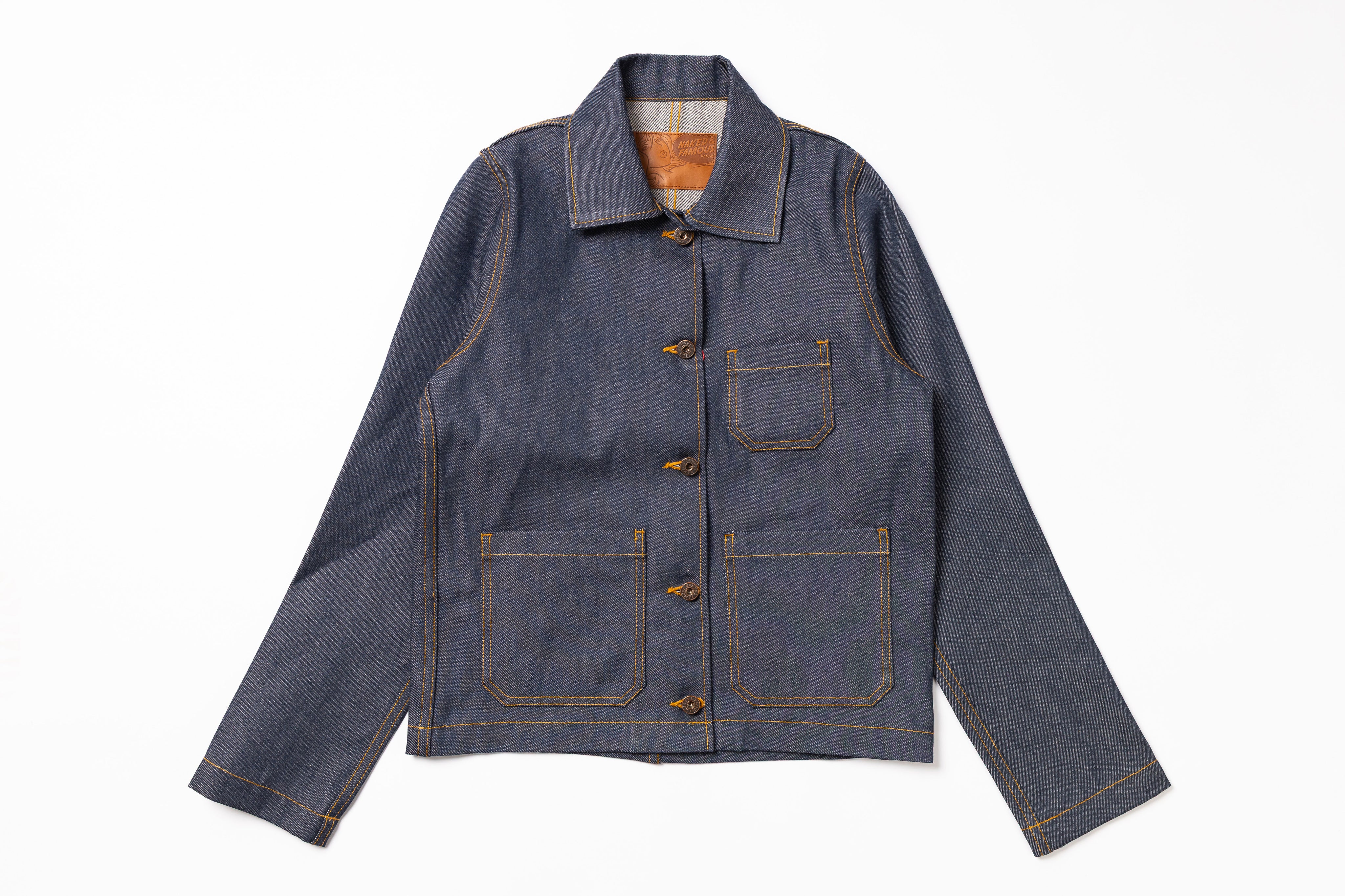 Blue denim jacket on a white background