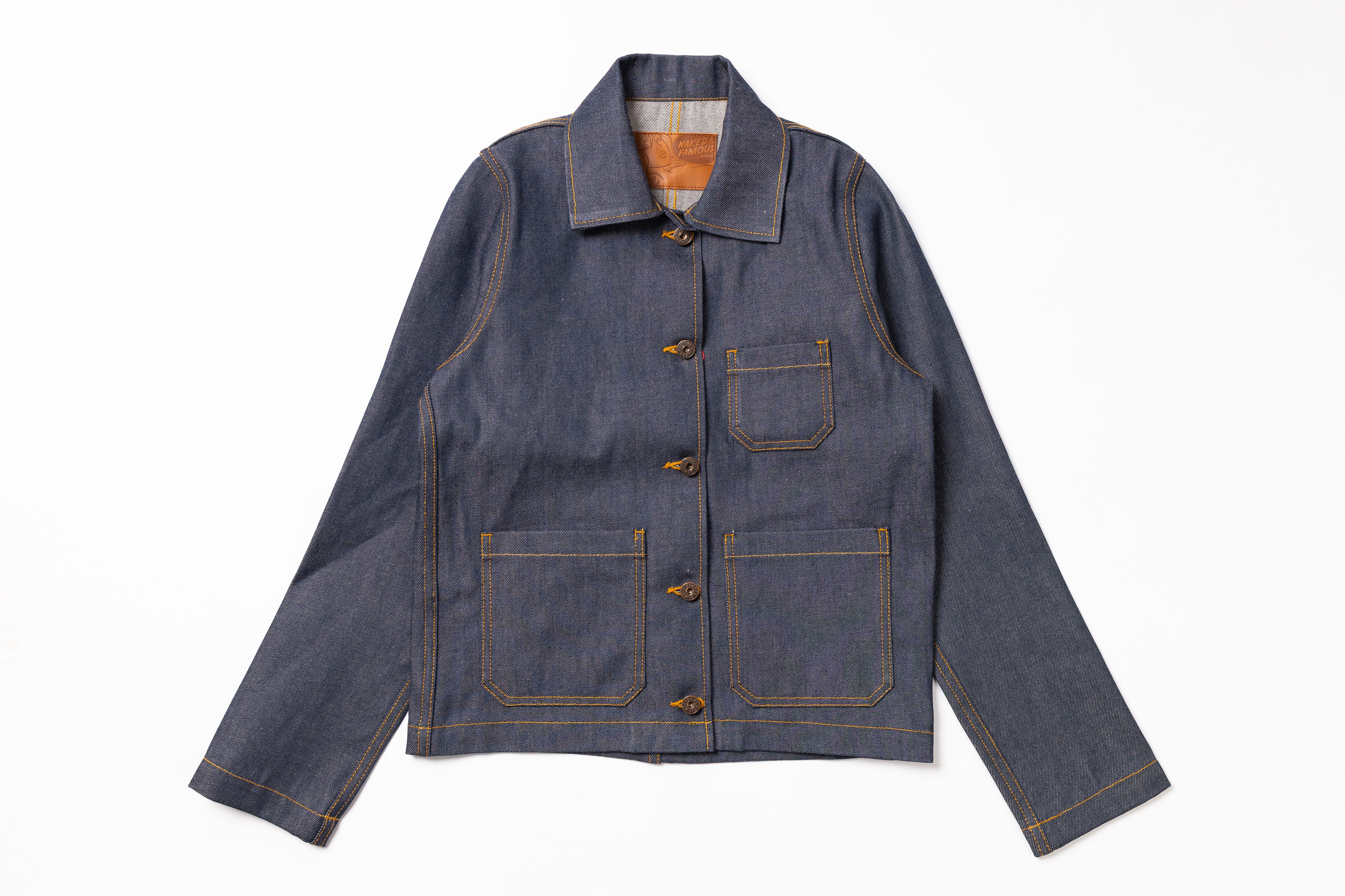 Blue denim jacket on a white background