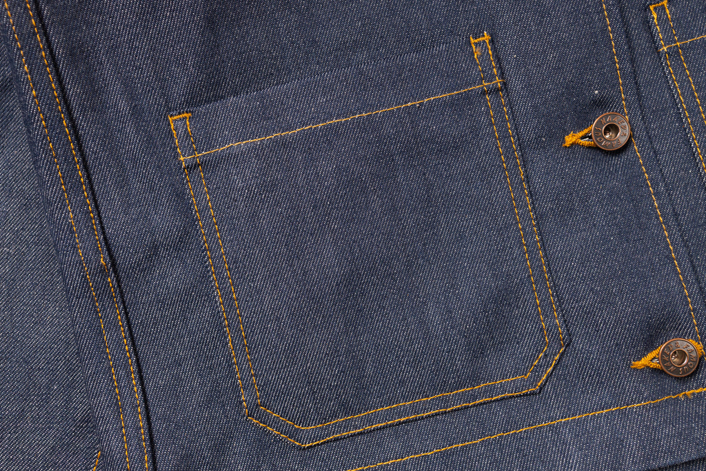 Close-up of a blue denim pocket with stitching details