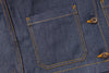 Close-up of a blue denim pocket with stitching details