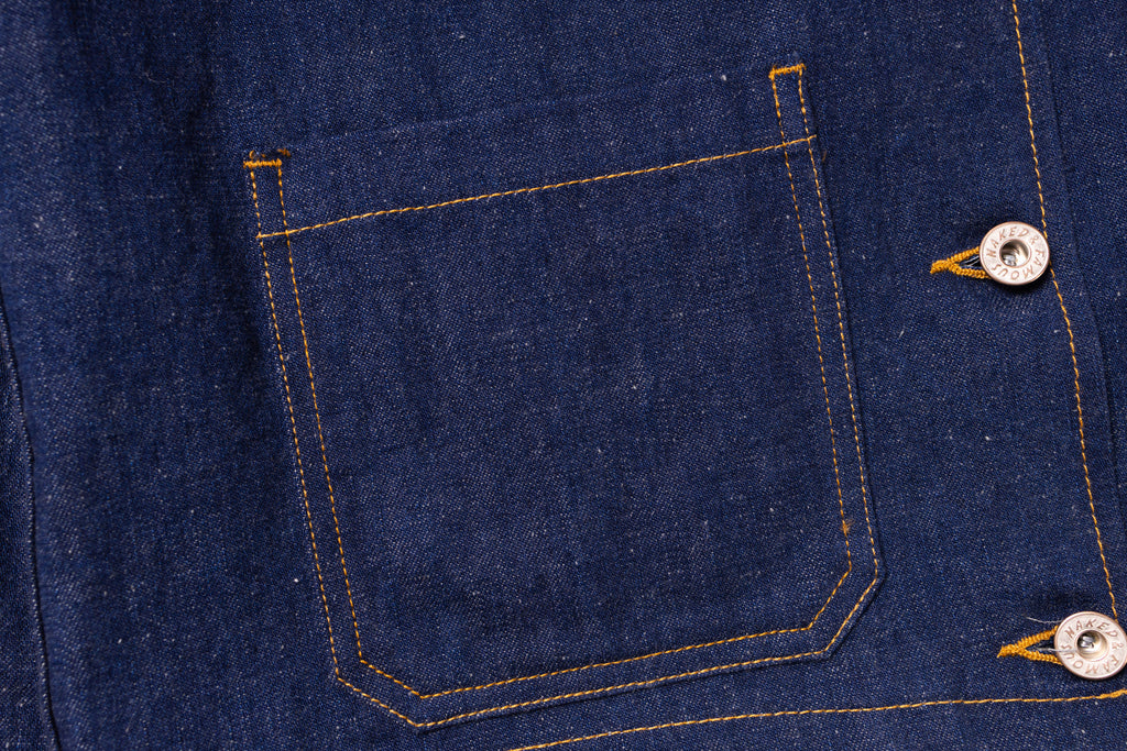 Close-up of a blue denim pocket with stitching details