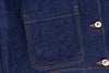 Close-up of a blue denim pocket with stitching details