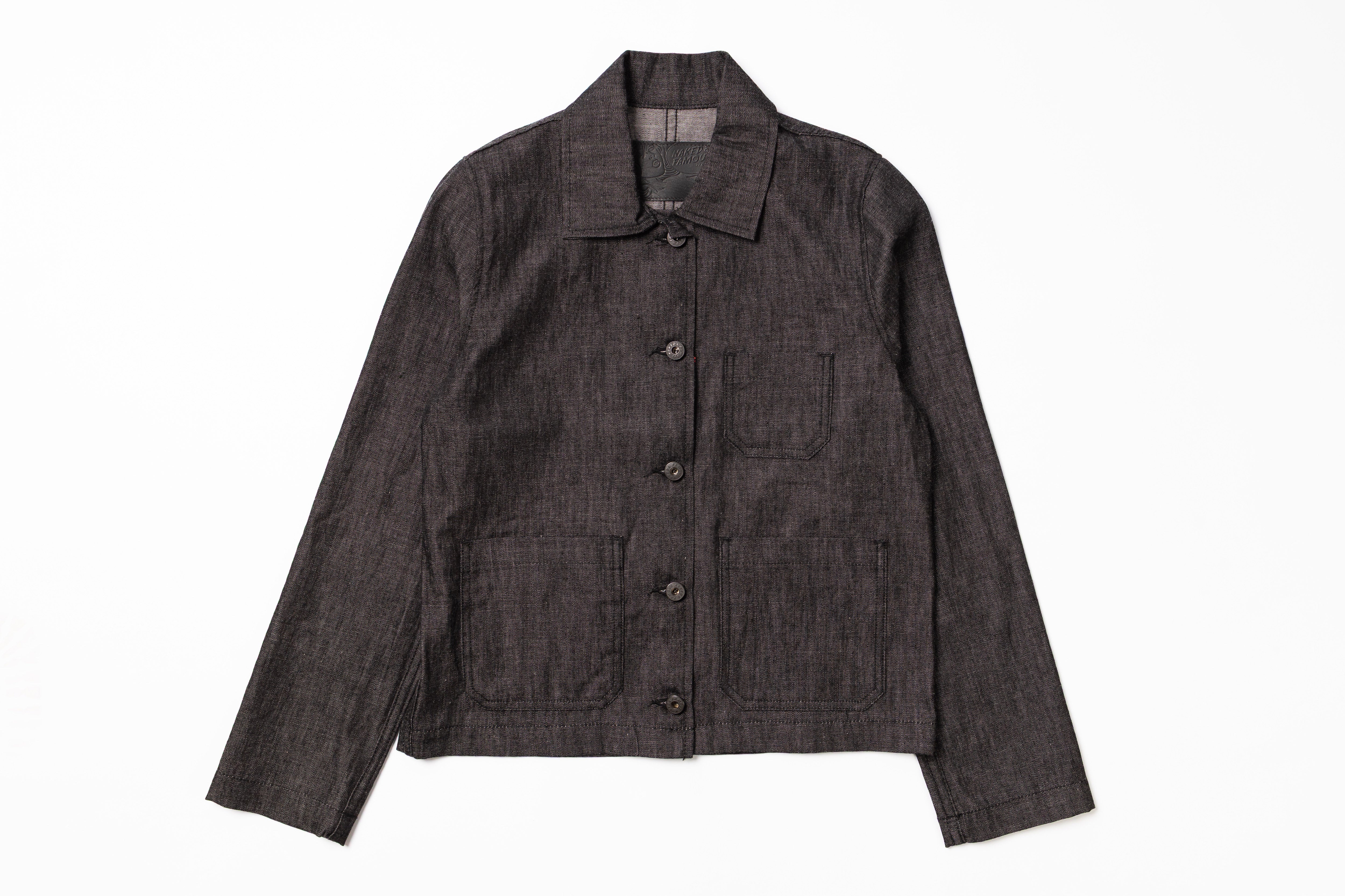 Dark gray jacket with button details on a white background