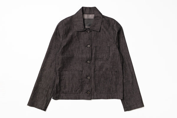 Dark gray jacket with button details on a white background