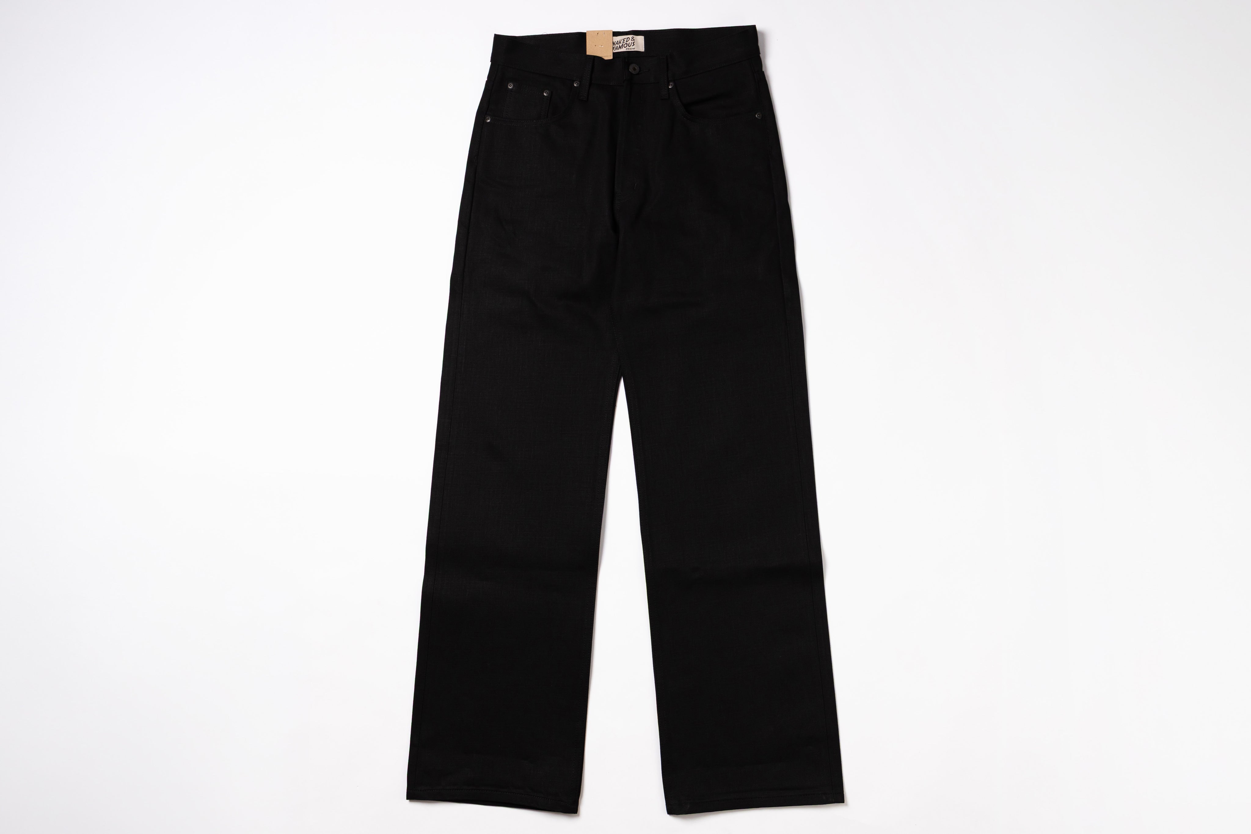 A pair of black wide-leg denim jeans laid flat against a solid white background.