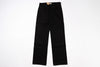 A pair of black wide-leg denim jeans laid flat against a solid white background.