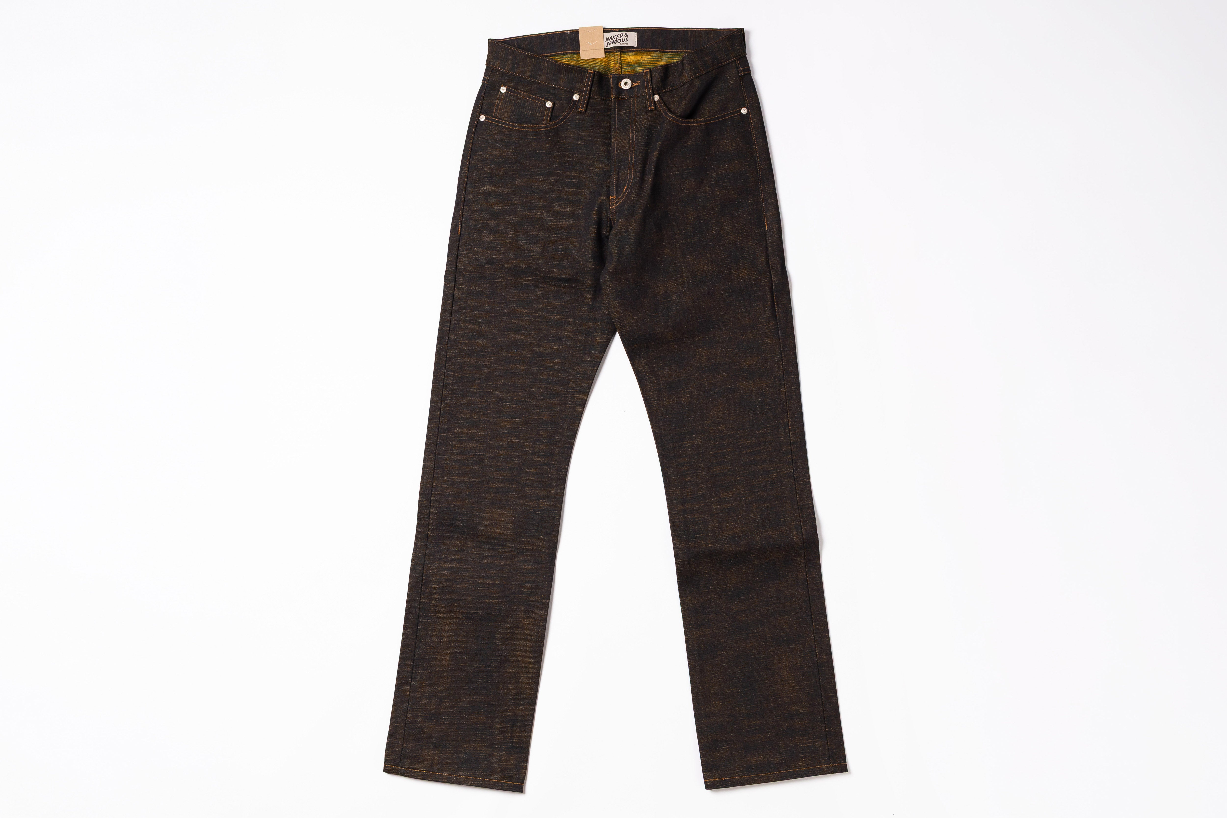 Brown denim jeans on a white background