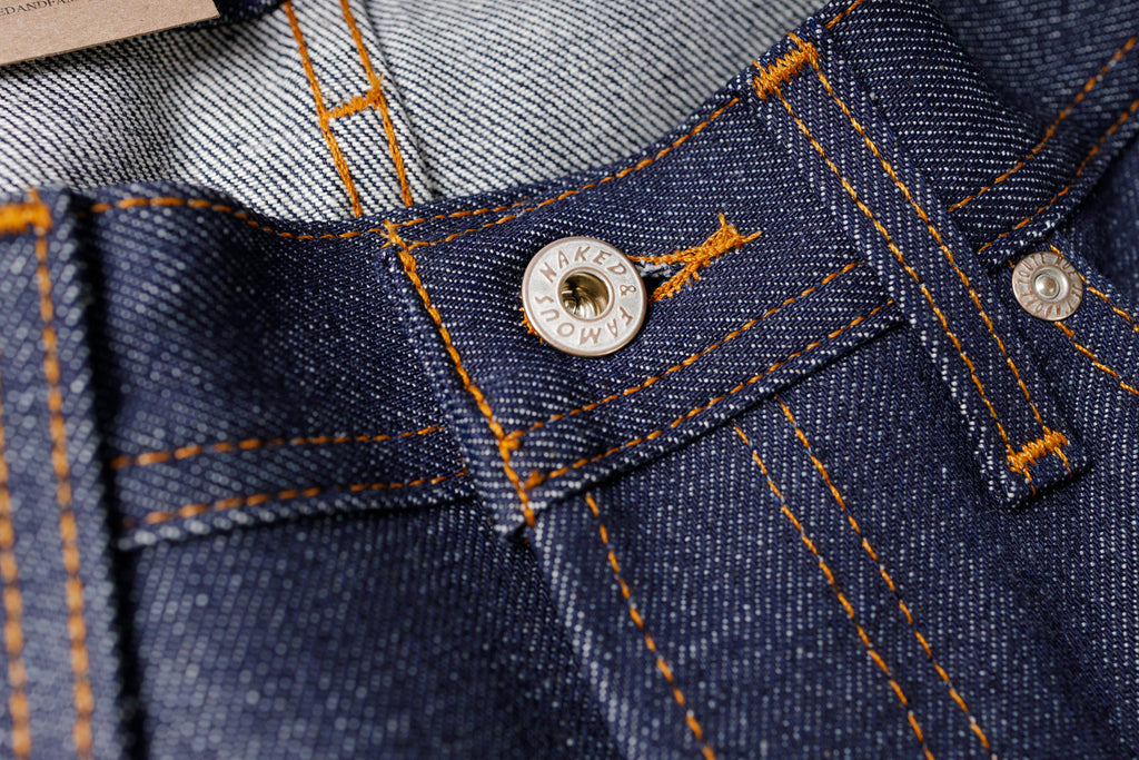 Close-up of blue denim fabric with a button and stitching details