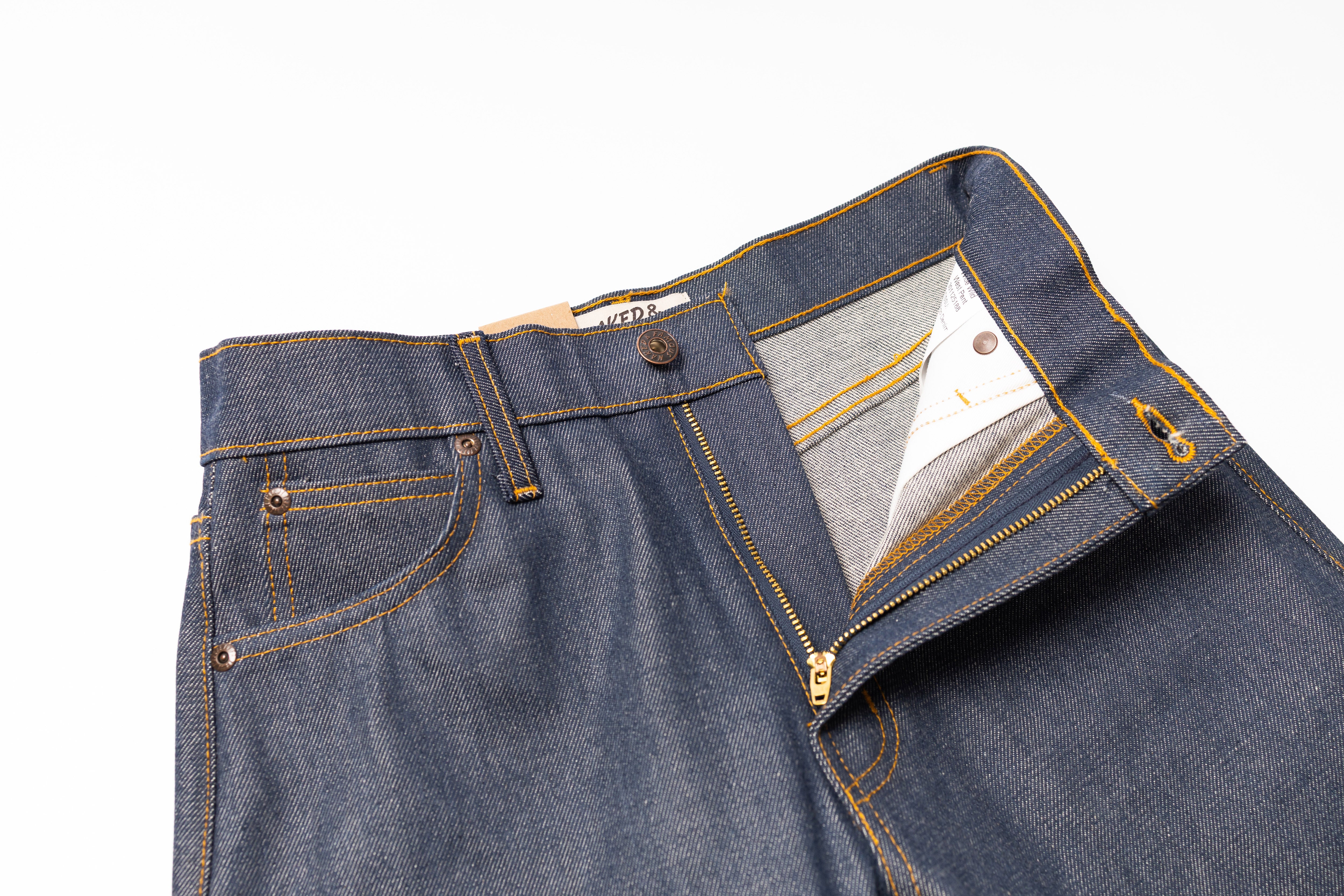Close-up of blue jeans with a white background
