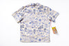 Short-sleeve shirt with blue and white pattern on a white background