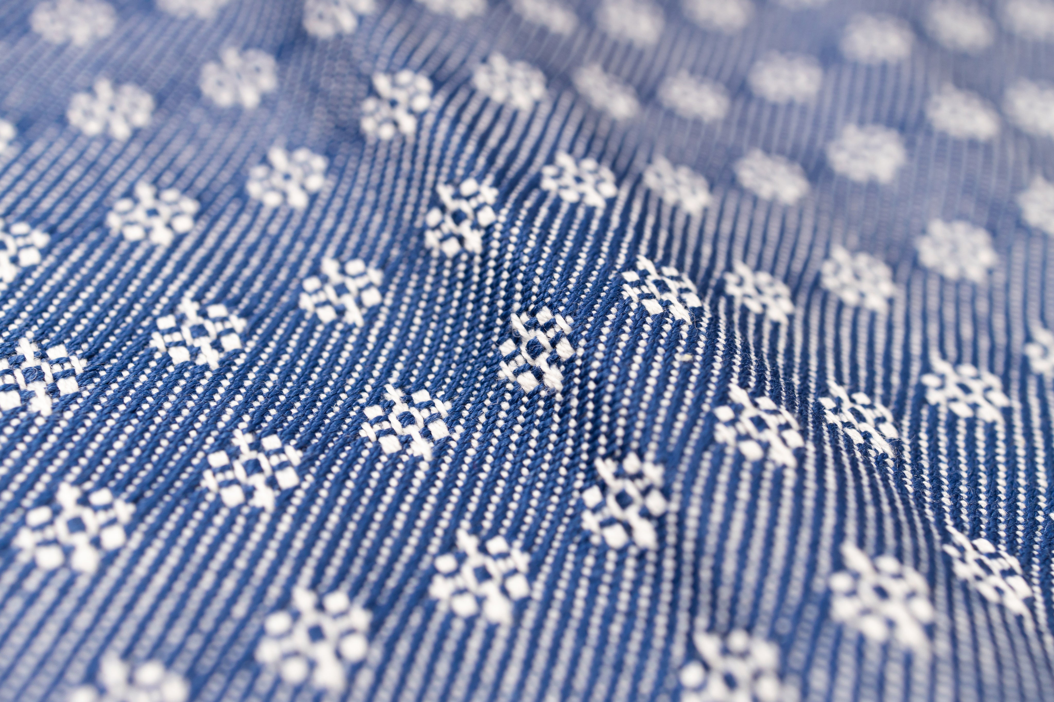 Close-up of blue fabric with white floral pattern