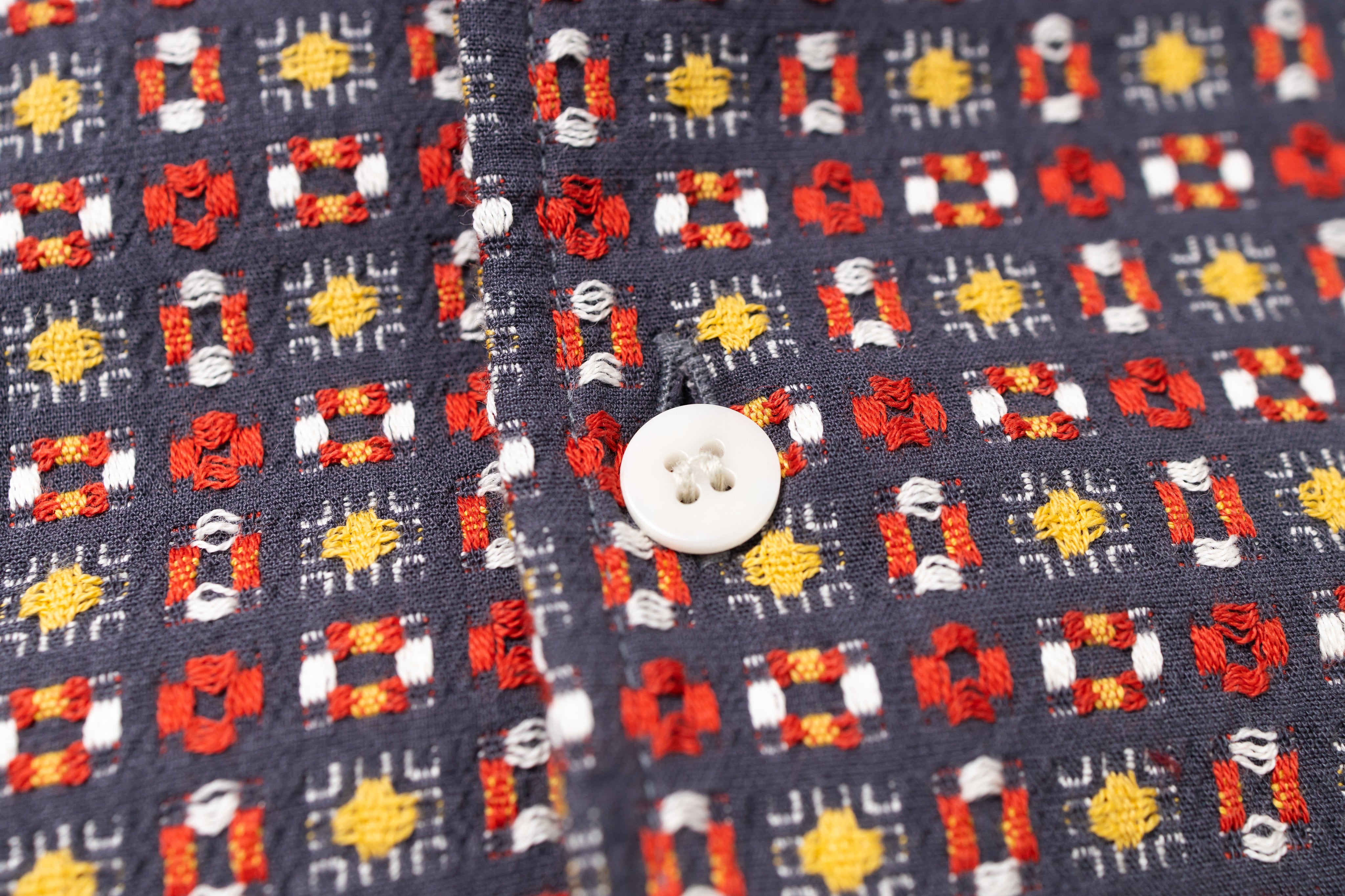 Close-up of a patterned fabric with a button in the center