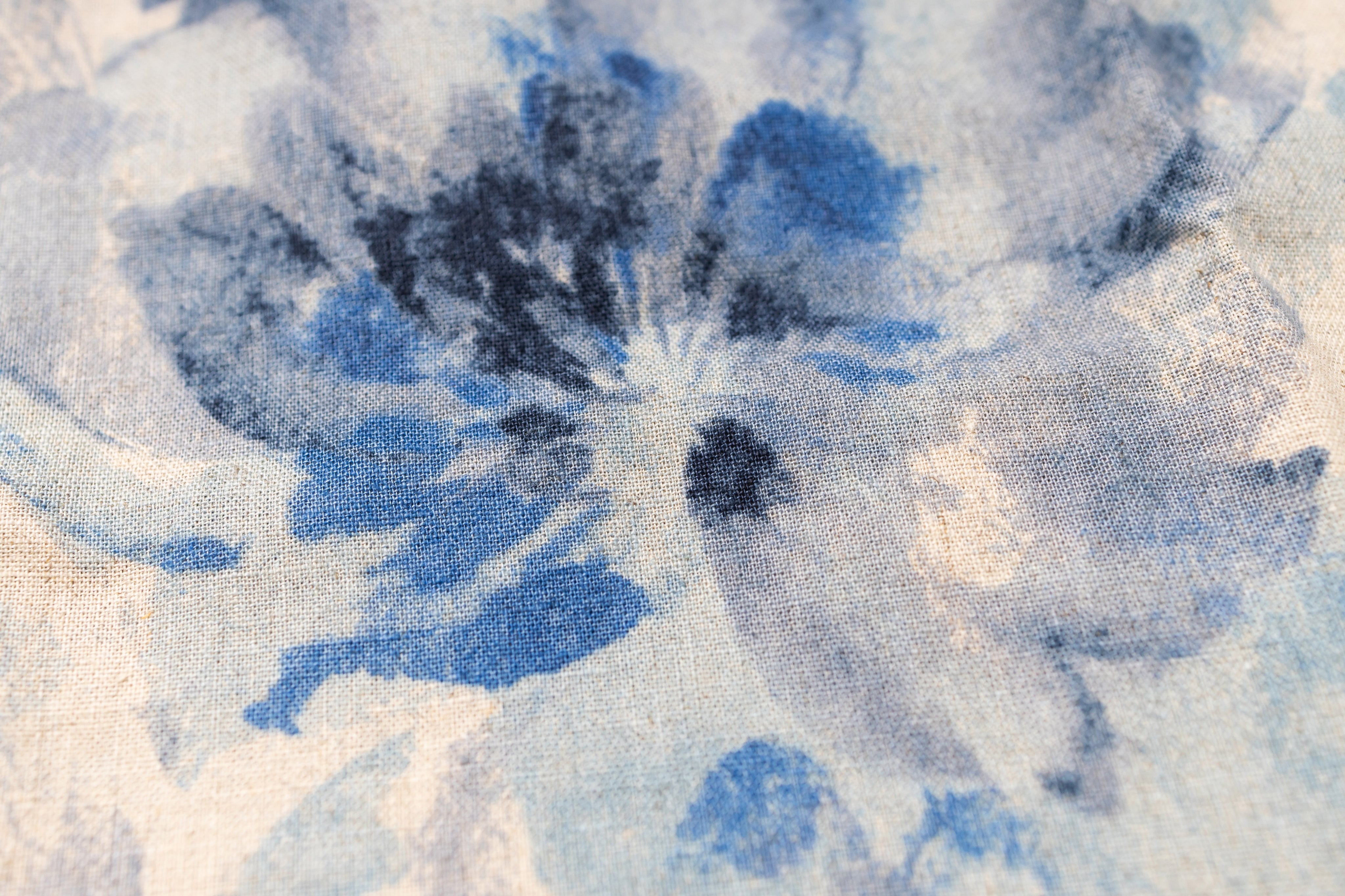 Close-up of a fabric with blue floral pattern on a white background