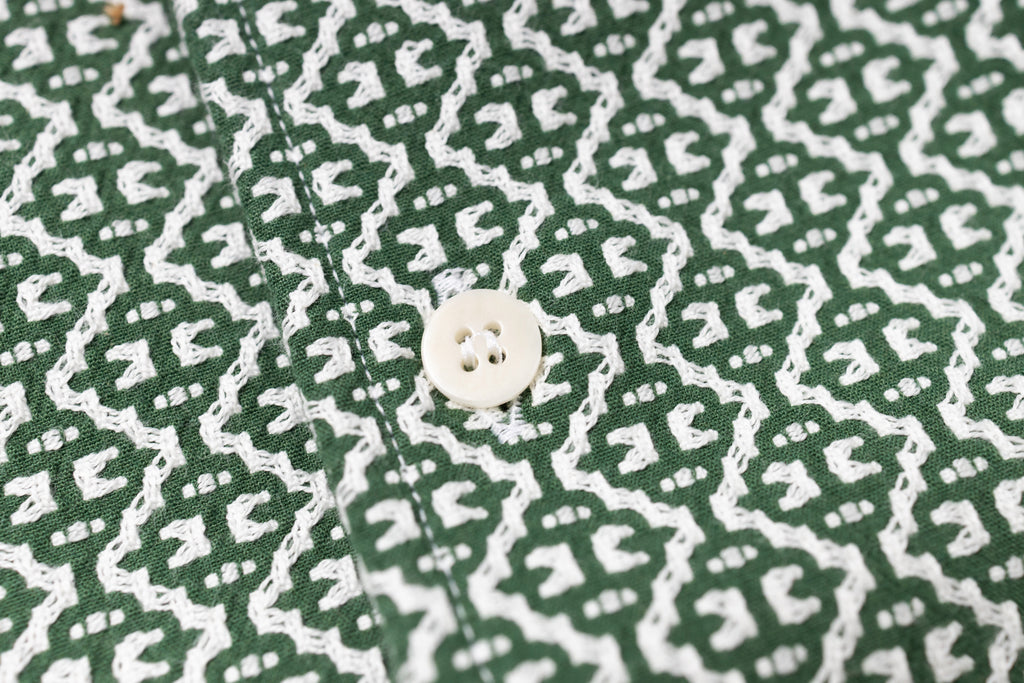 Close-up of green fabric with white pattern and a button