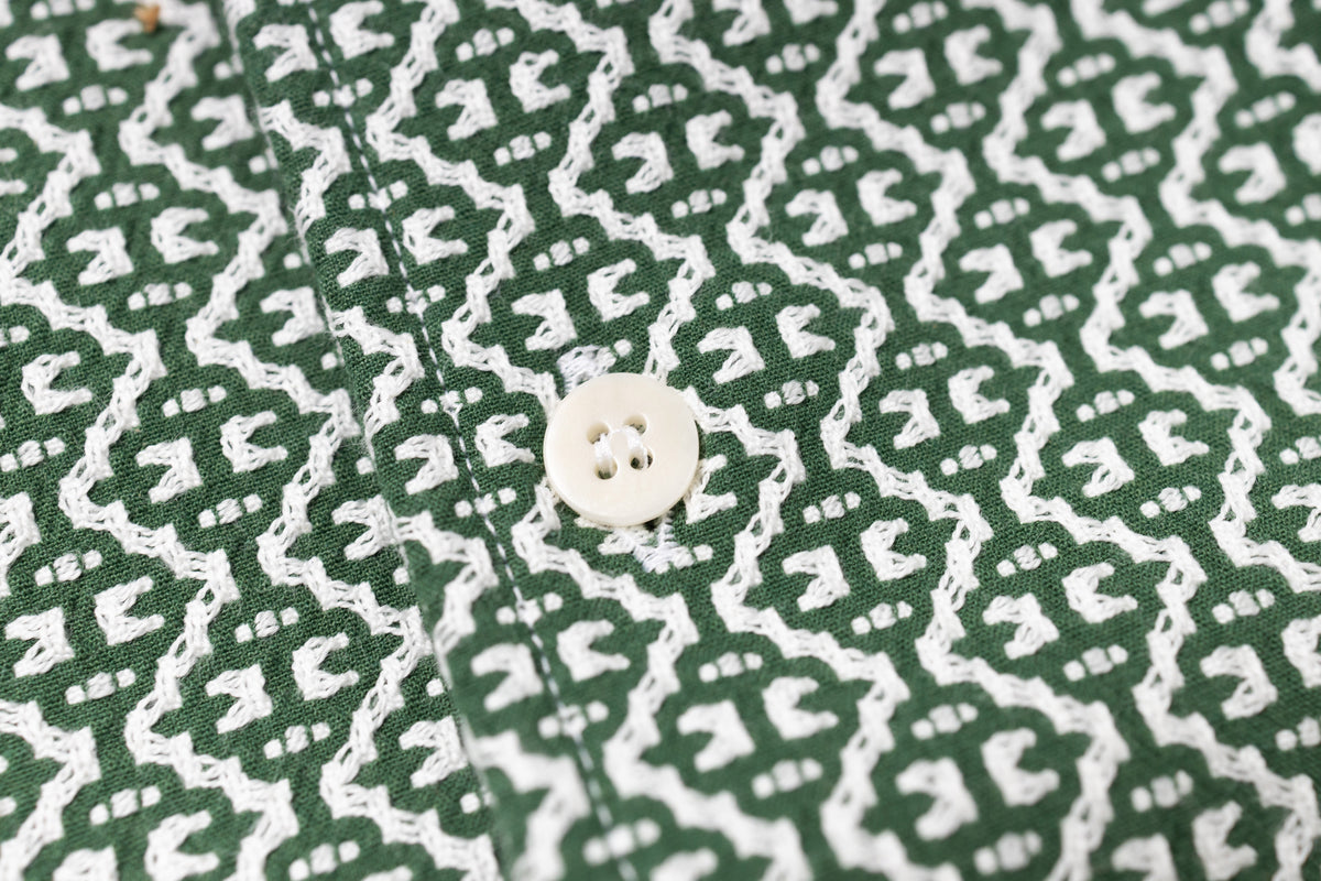 Close-up of green fabric with white pattern and a button
