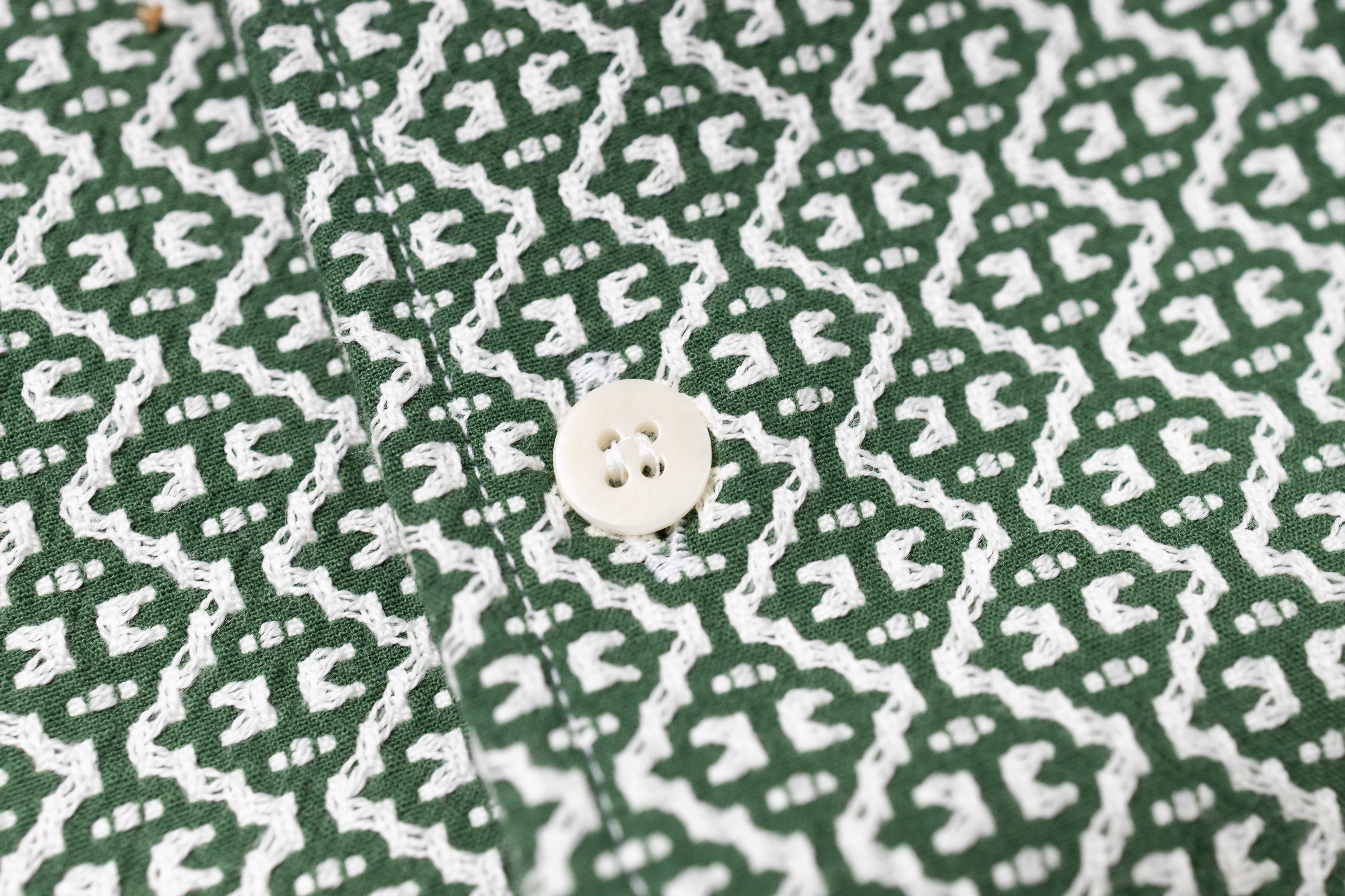Close-up of green fabric with white pattern and a button