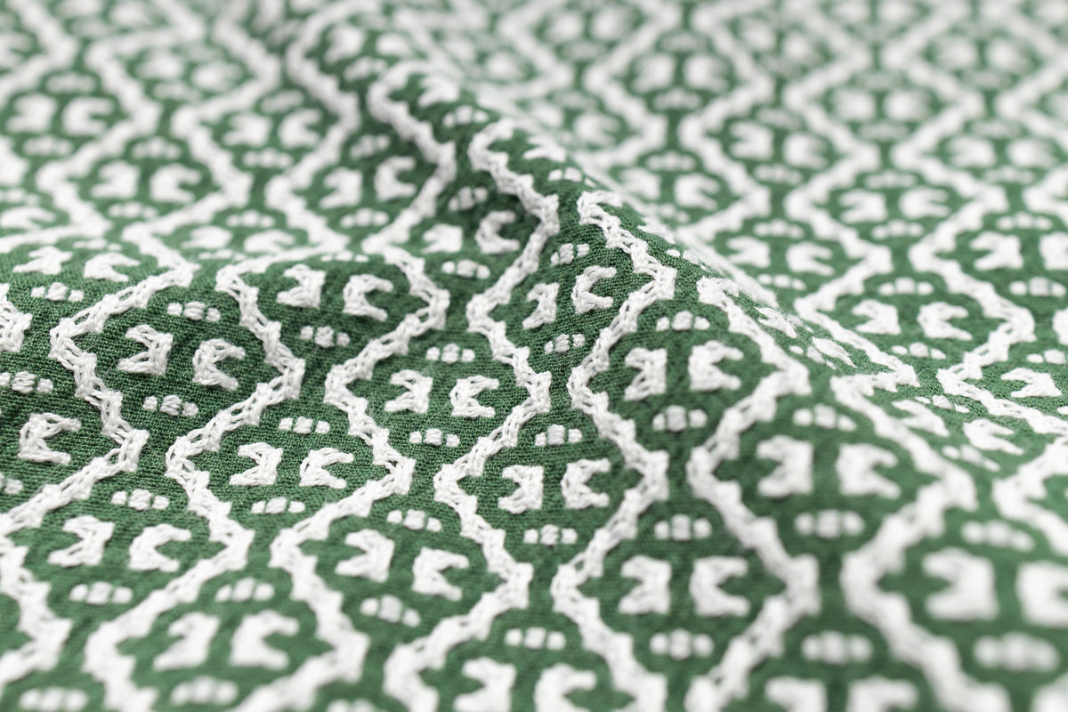 Close-up of green and white patterned fabric