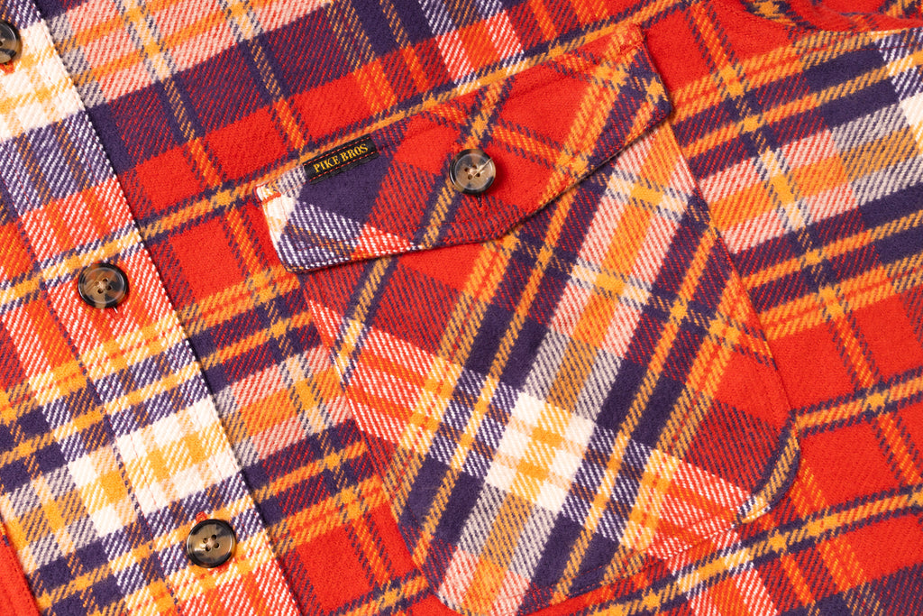Close-up of a plaid fabric with a visible brand label.