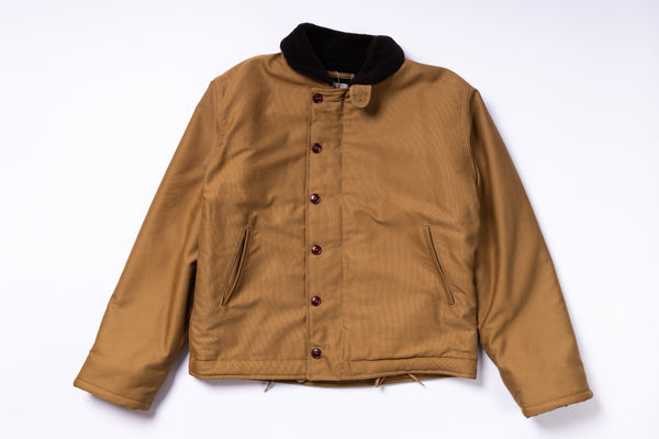 Brown jacket with black collar on a white background
