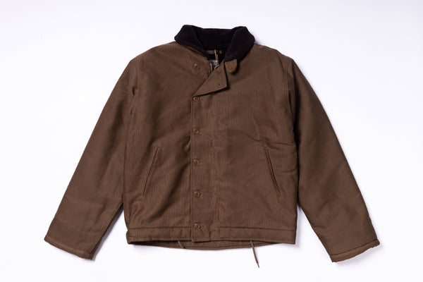 Brown jacket with black collar on a white background