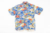 Colorful Hawaiian shirt with floral and ship design on a white background