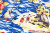 Fabric with tropical design featuring people, a hut, and sailboats.