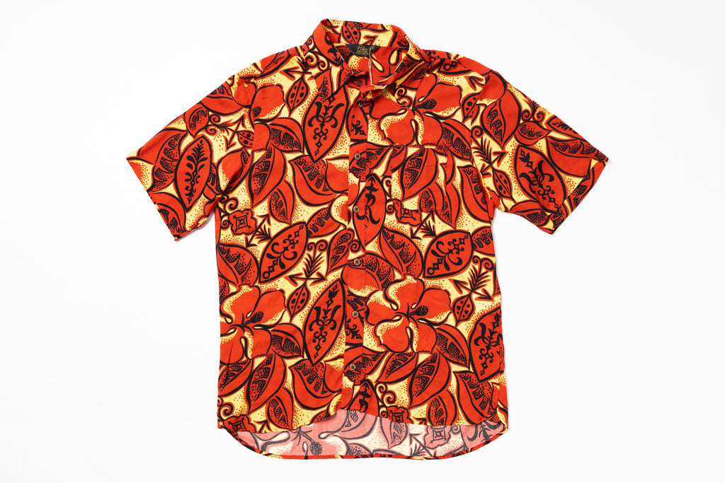 Short-sleeve shirt with red and orange floral pattern on a white background
