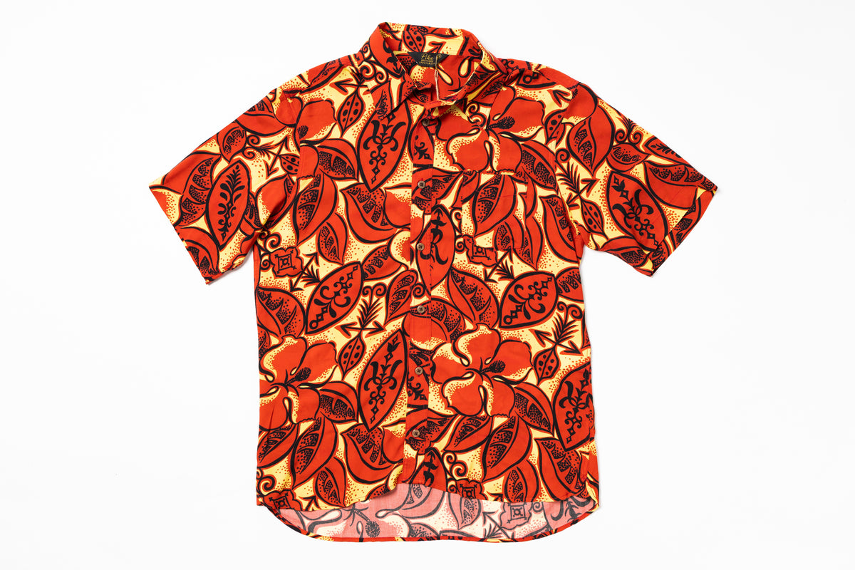 Short-sleeve shirt with red and orange floral pattern on a white background