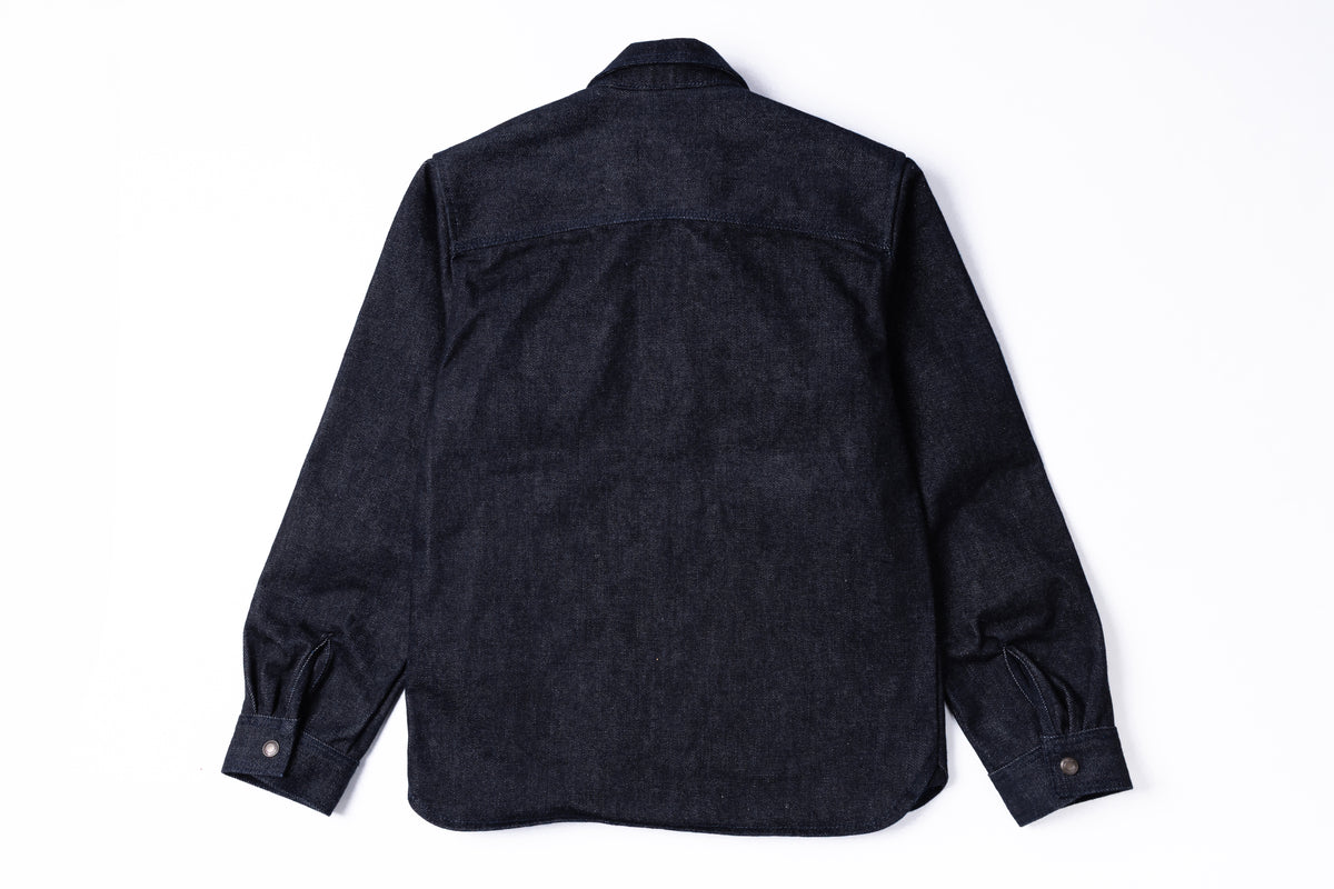 A dark navy blue long-sleeve shirt jacket shown from the back, laid flat against a solid white background.