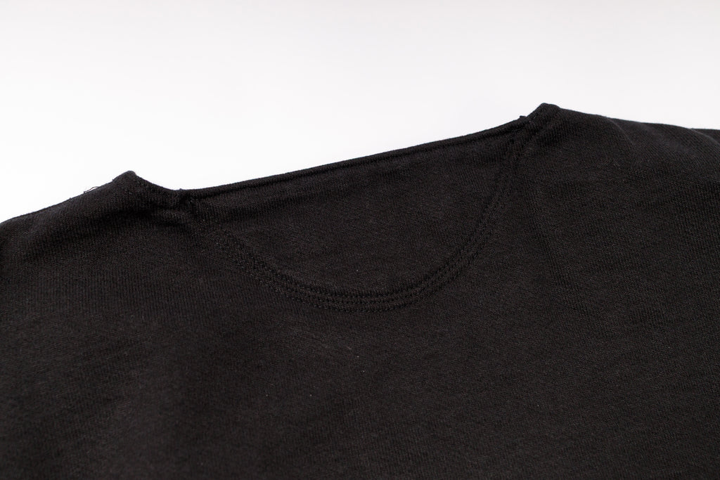 Close-up of a black t-shirt collar on a white background