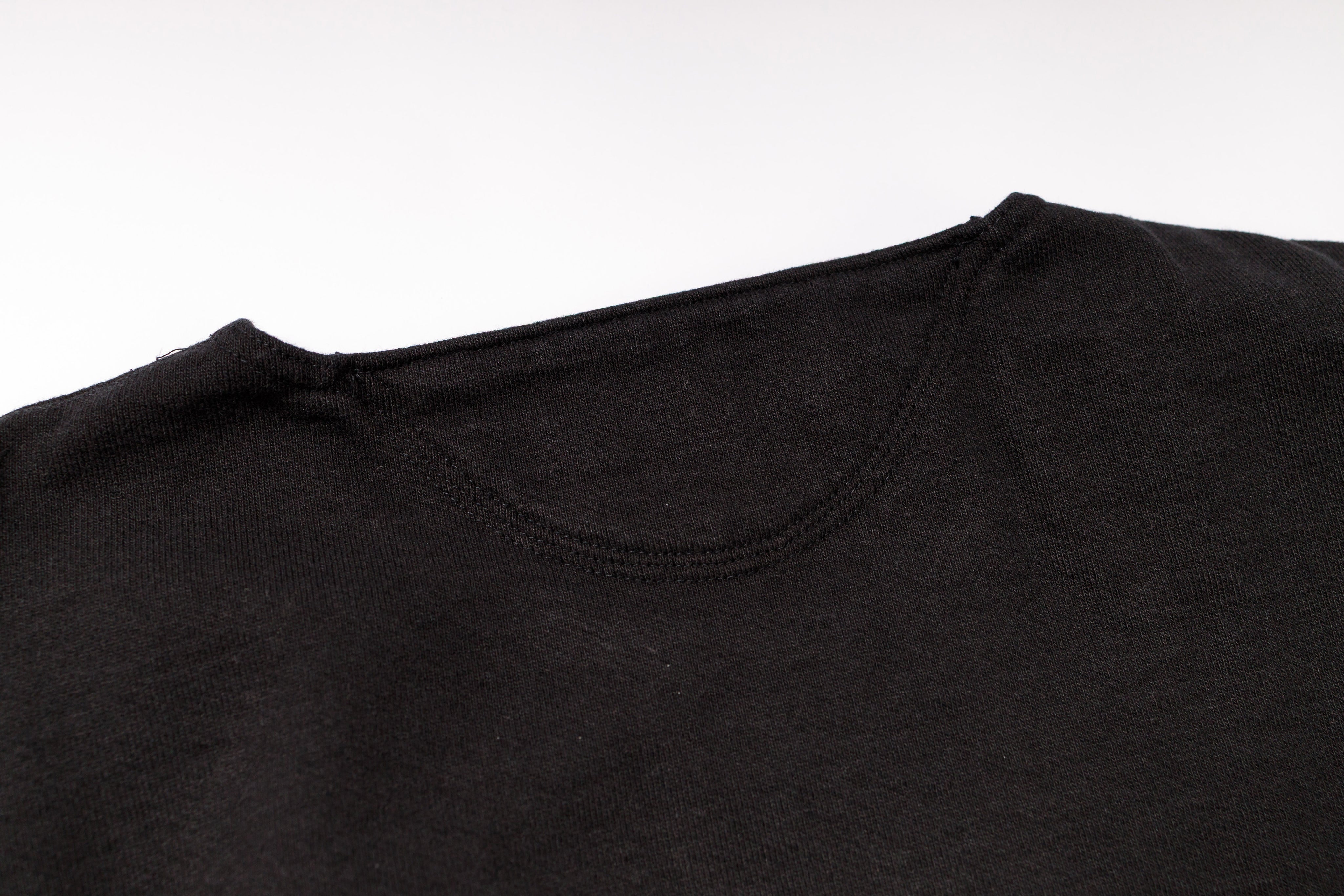 Close-up of a black t-shirt collar on a white background