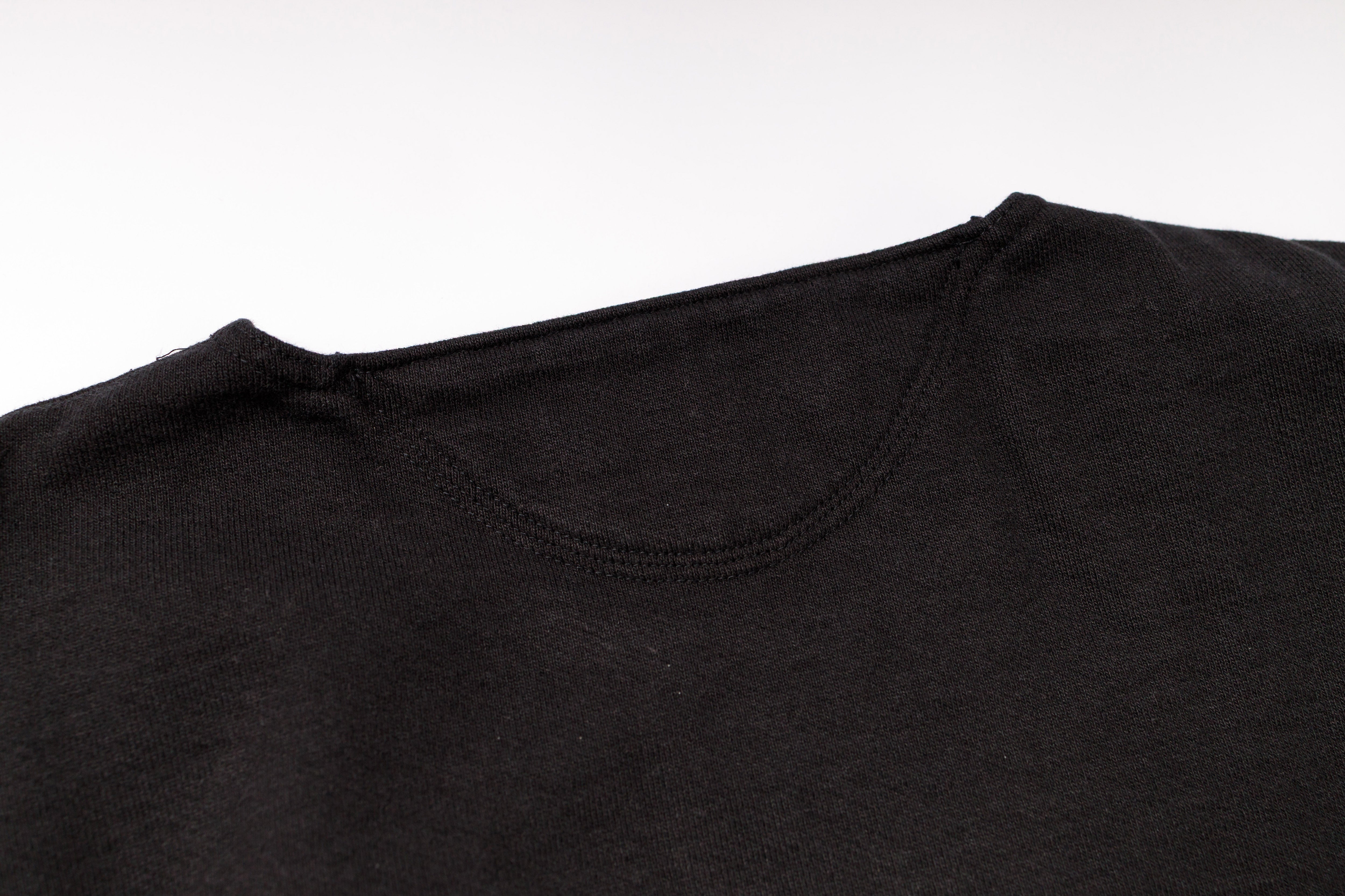 Close-up of a black t-shirt collar on a white background