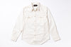 An off-white long-sleeve button-down shirt with two buttoned chest pockets, laid flat on a white background.