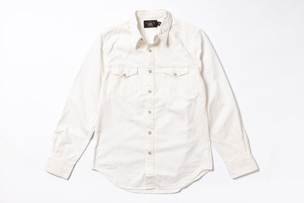 An off-white long-sleeve button-down shirt with two buttoned chest pockets, laid flat on a white background.