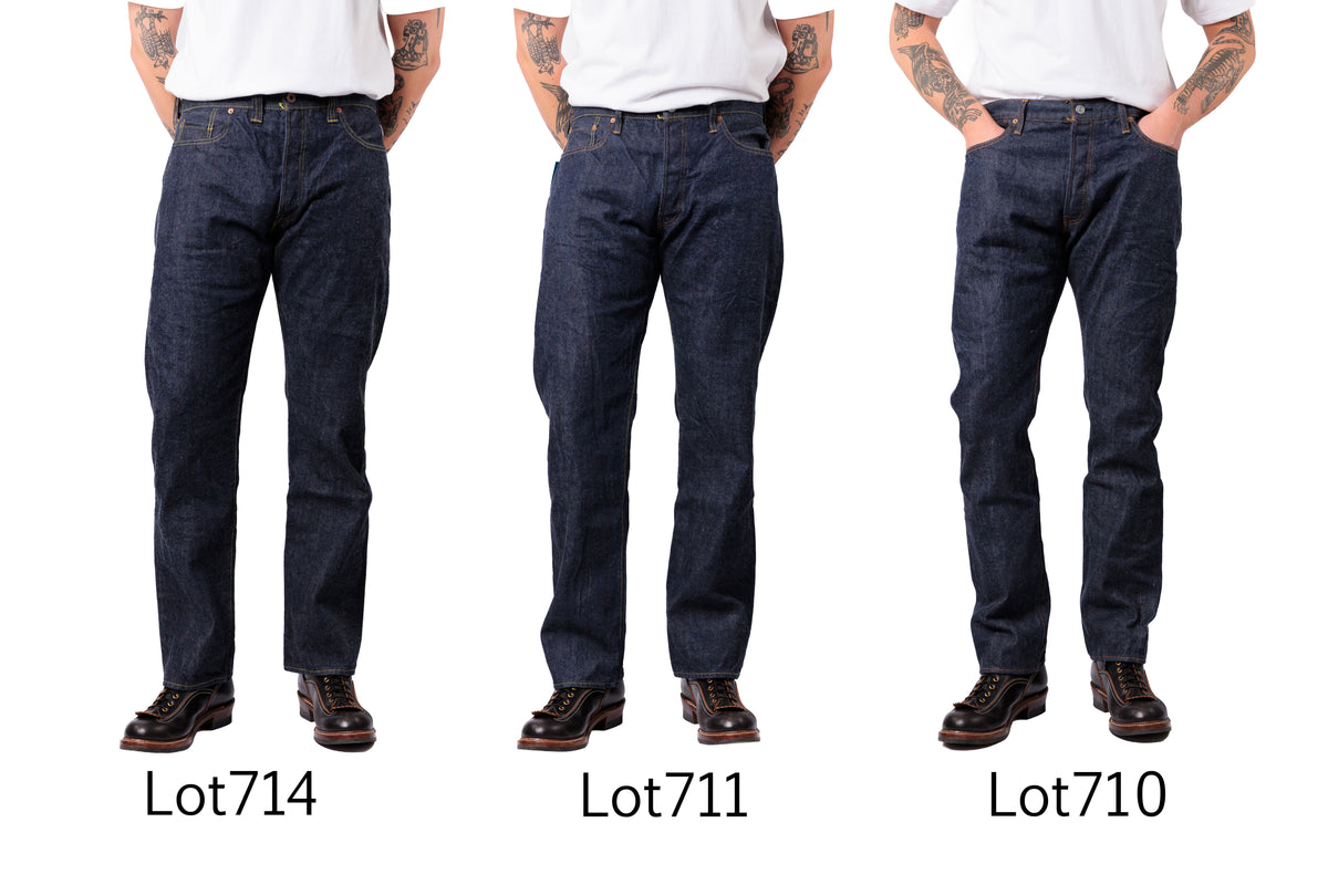 Three side-by-side views of men wearing dark blue denim jeans, shown from the waist down with hands in pockets, on a white background. Text labels below read Lot714, Lot711, and Lot710.