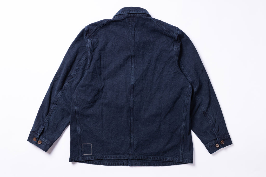 Navy blue denim jacket on a white background