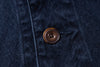 Close-up of a brown button on dark blue fabric