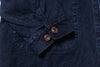 Close-up of a navy blue jacket with two buttons on a matching fabric background