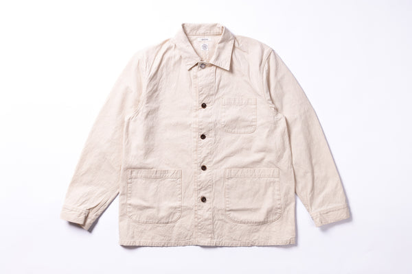 Beige jacket with button details on a white background