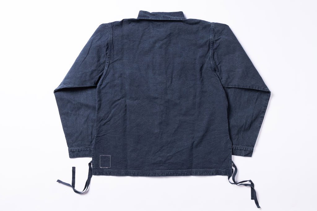 Dark blue jacket with drawstrings on a white background