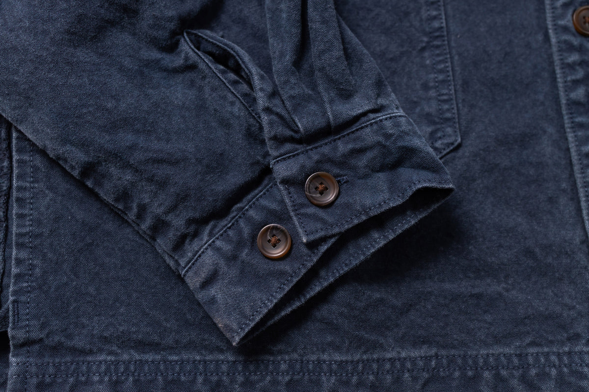 Close-up of a navy blue jacket with button details