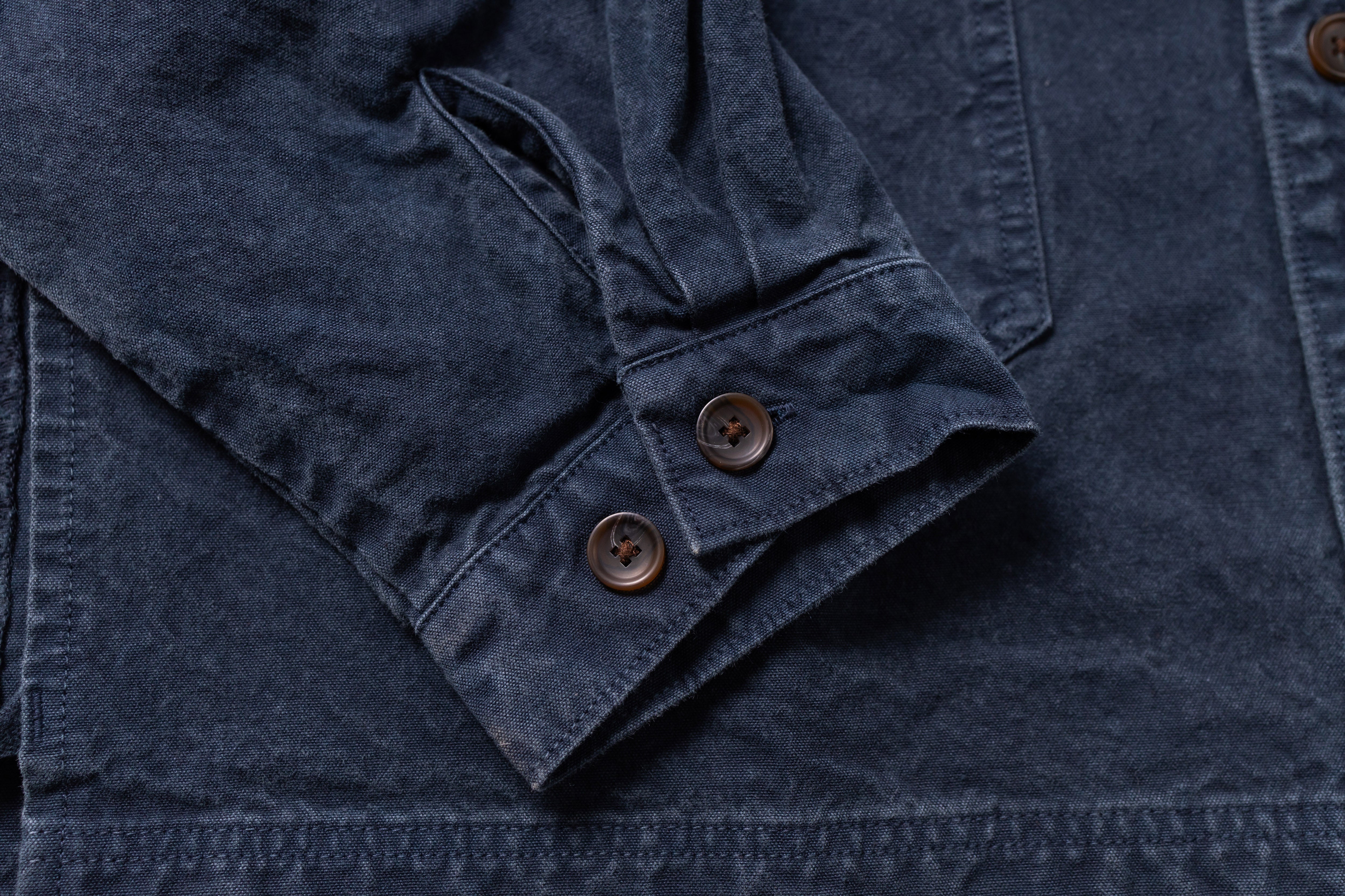Close-up of a navy blue jacket with button details