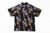 Black Hawaiian shirt with colorful palm tree design on a white background